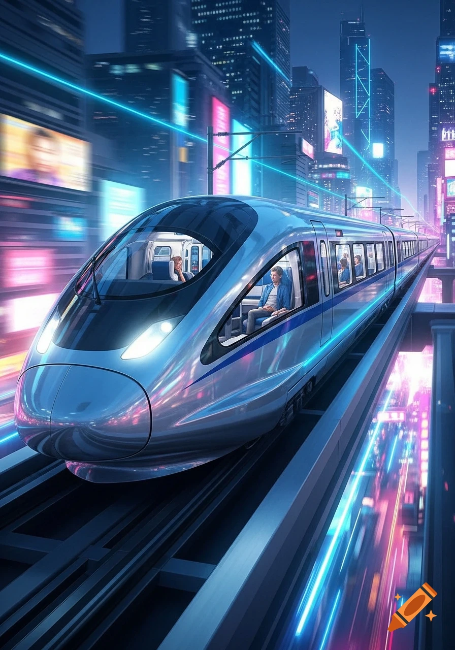 Sleek silver high-speed train speeding through a futuristic neon city ...