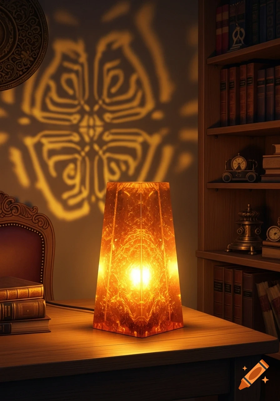 A glowing rectangular resin lamp with intricate internal patterns sits on a wooden desk. A stylized pattern is projected on the wall behind it, with bookshelves in the background.