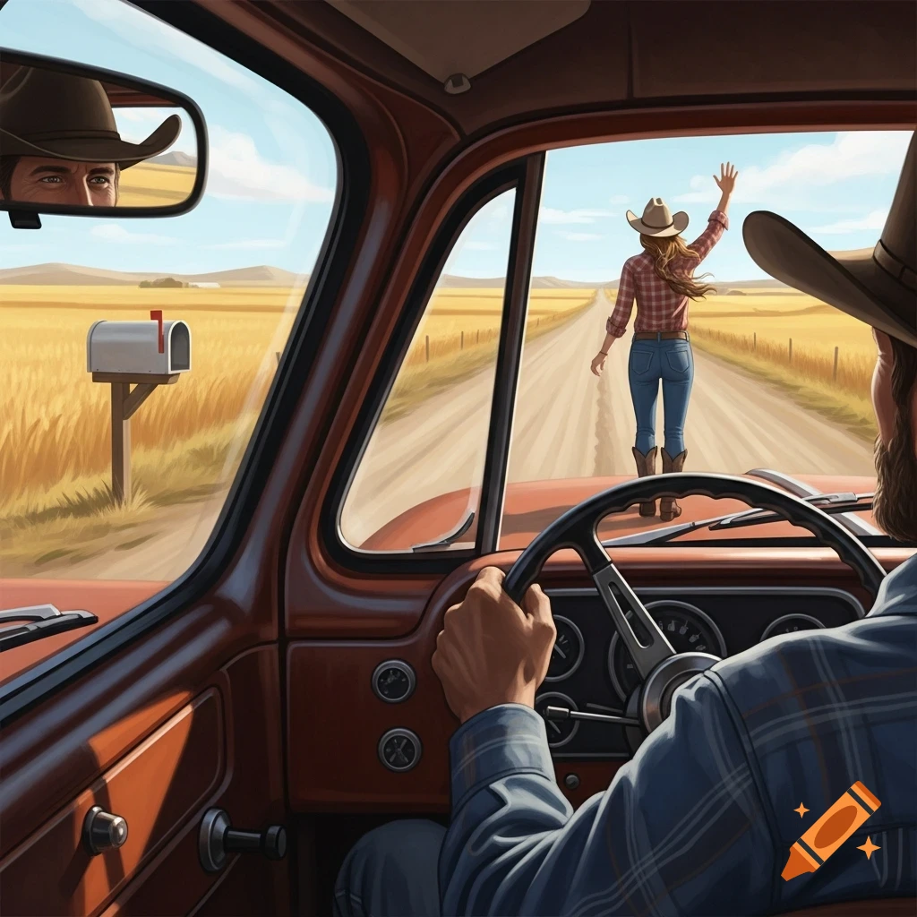 An illustrated view from inside a red truck as a man drives away, seeing a woman in a cowboy hat wave goodbye in the rearview mirror on a dirt road.