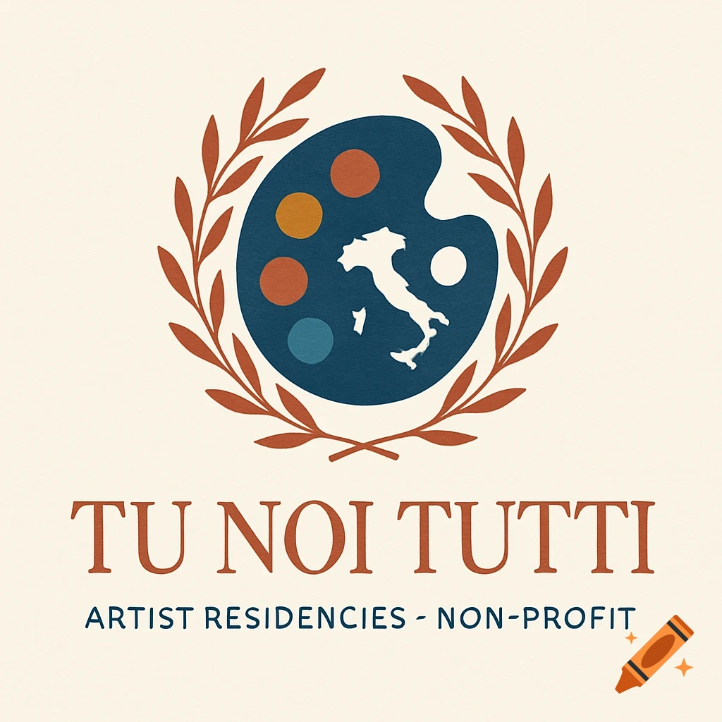 Logo for 'TU NOI TUTTI' featuring a blue artist's palette with a white map of Italy, encircled by leaves, above text 'ARTIST RESIDENCIES - NON-PROFIT'.