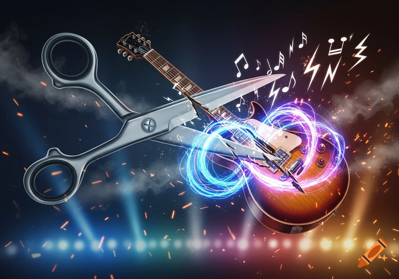 Large silver scissors cutting an electric guitar in half with neon energy, musical notes, and sparks against a dark stage background with spotlights.