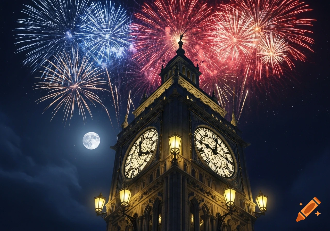 A majestic clock tower with illuminated faces shows time near midnight, set against a dark night sky with vibrant red and blue fireworks exploding above and a full moon visible.