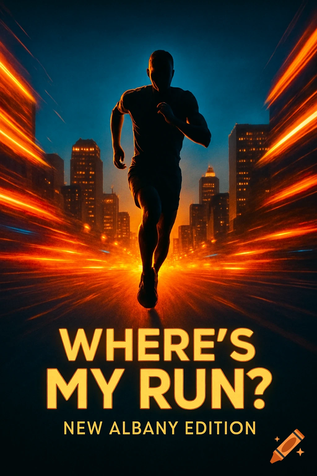 A silhouetted runner sprints down a city street at night, illuminated by orange motion blur. Text reads "WHERE'S MY RUN? NEW ALBANY EDITION".