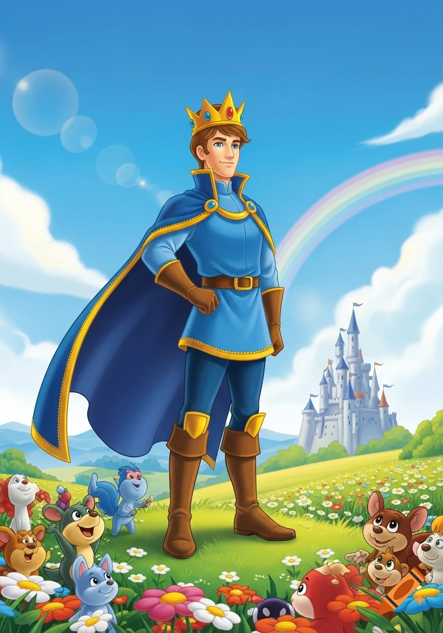 A cartoon prince in a blue cape and crown stands in a field of flowers with cute animals, a castle, and a rainbow.