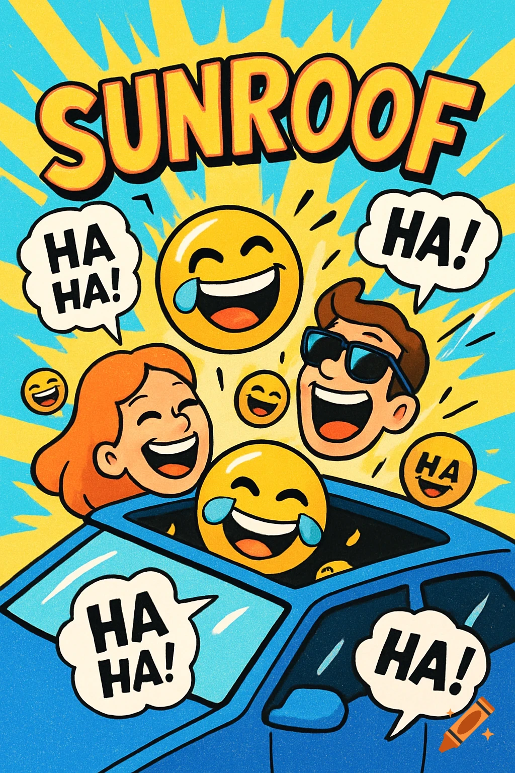 Cartoon illustration of a man, woman, and several laughing emojis popping out of a blue car's sunroof. Above them, large text reads "SUNROOF" and multiple speech bubbles say "HA HA!". Stylized pop art.