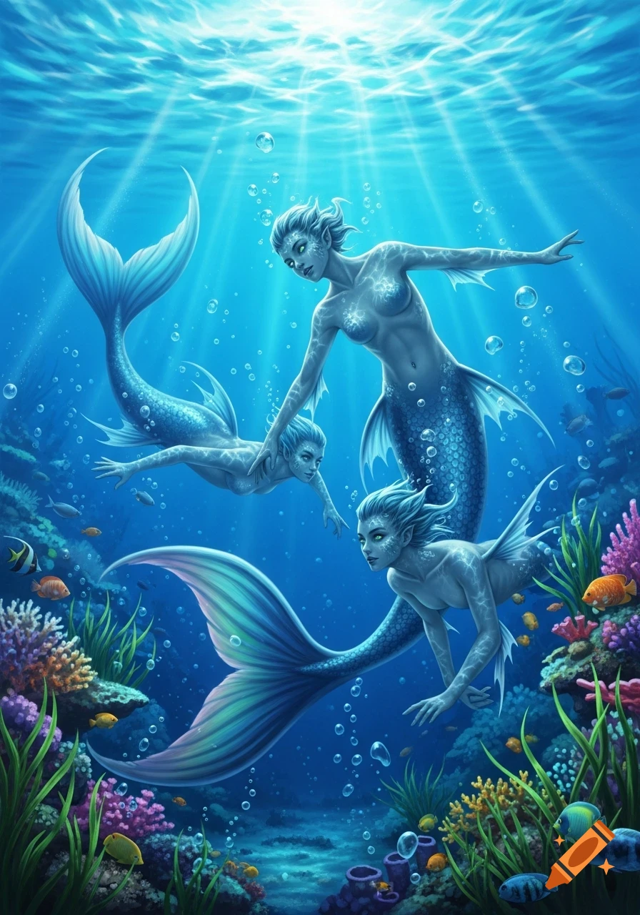 Three mermaids with blue-green skin and scales swim gracefully underwater amidst colorful coral, fish, and sunbeams.
