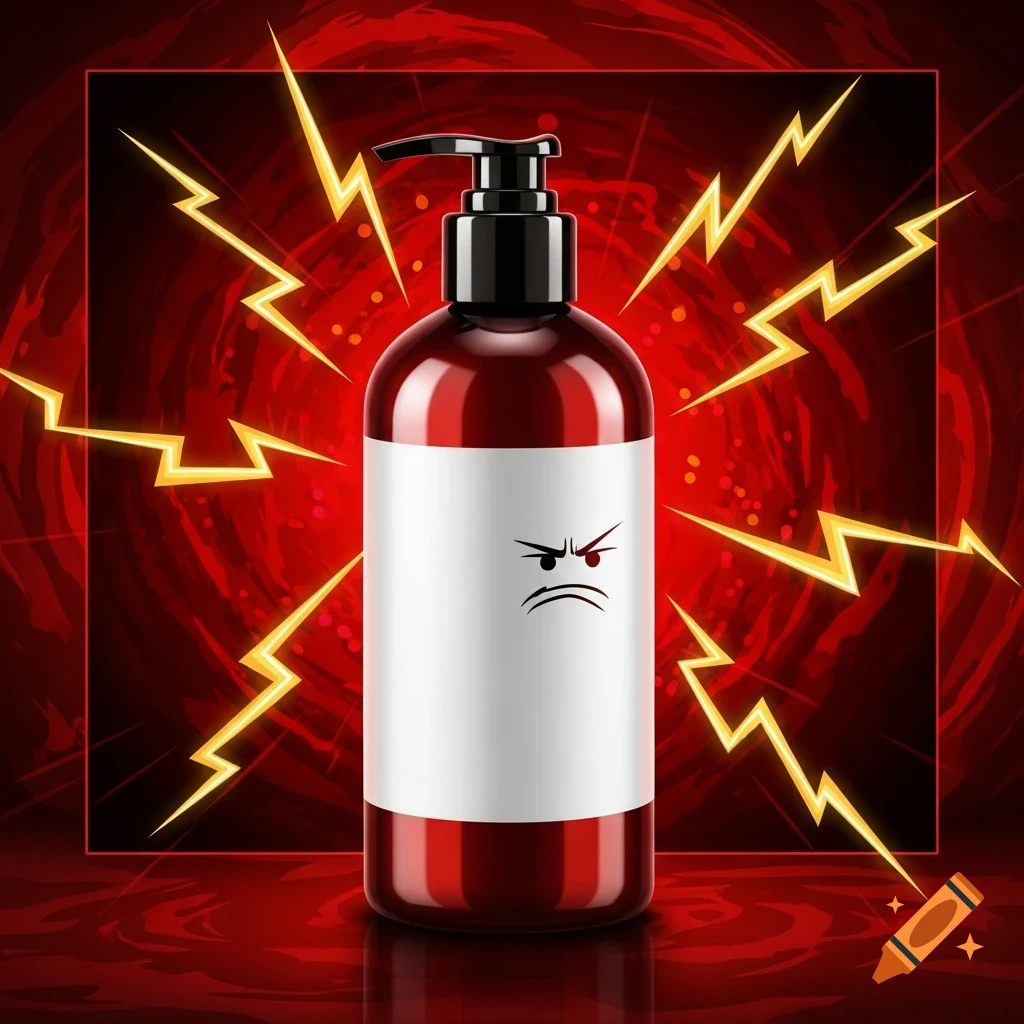 A red lotion bottle with an angry face on its white label, set against a swirling red background with yellow lightning bolts.