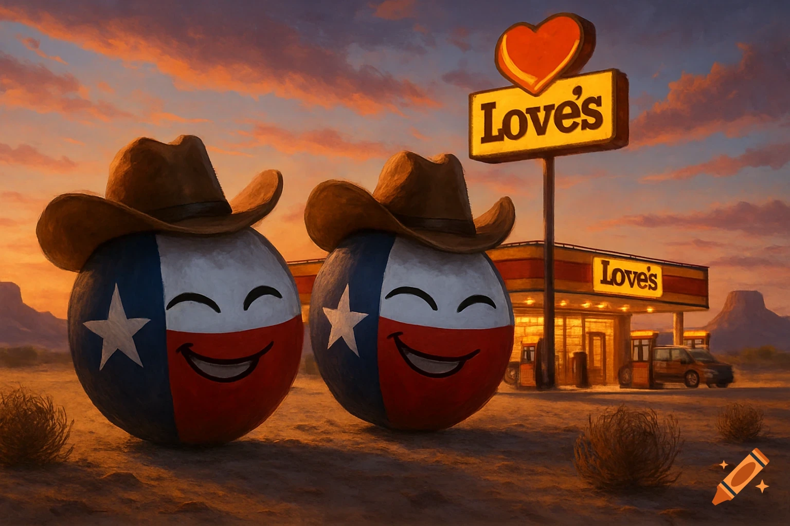 Two happy Texas countryballs in cowboy hats stand in a desert landscape at sunset, with a Love's gas station in the background.