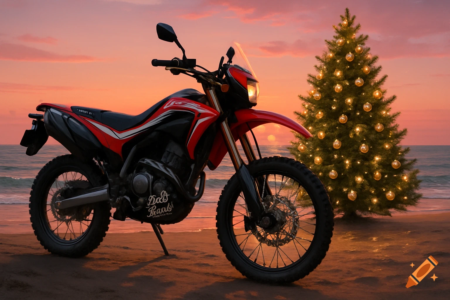 A red and black enduro motorcycle with a red fender, parked on a sandy beach next to a decorated Christmas tree at sunset.