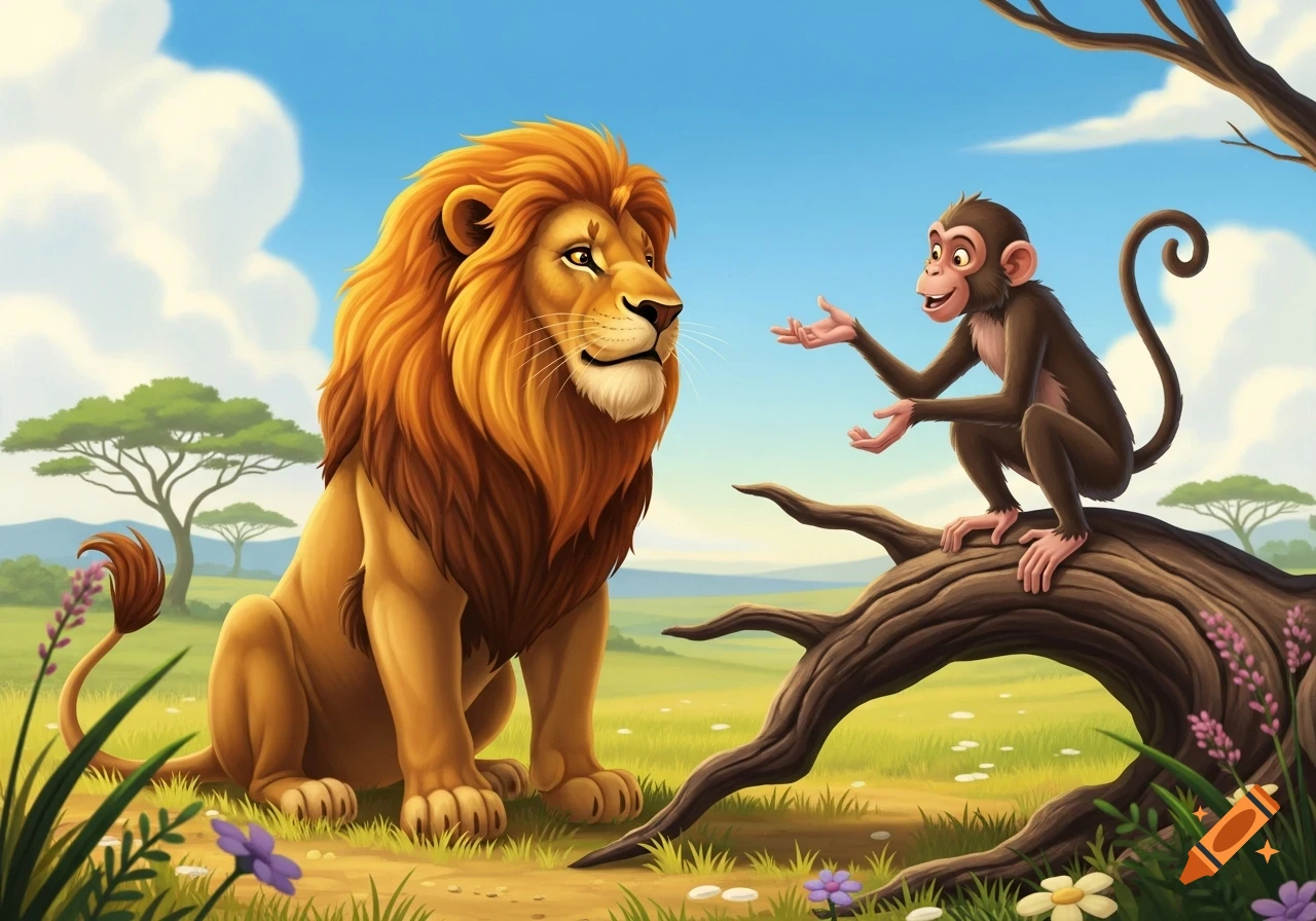 Illustration of a friendly lion and monkey having a conversation in a vibrant savanna under a blue sky.