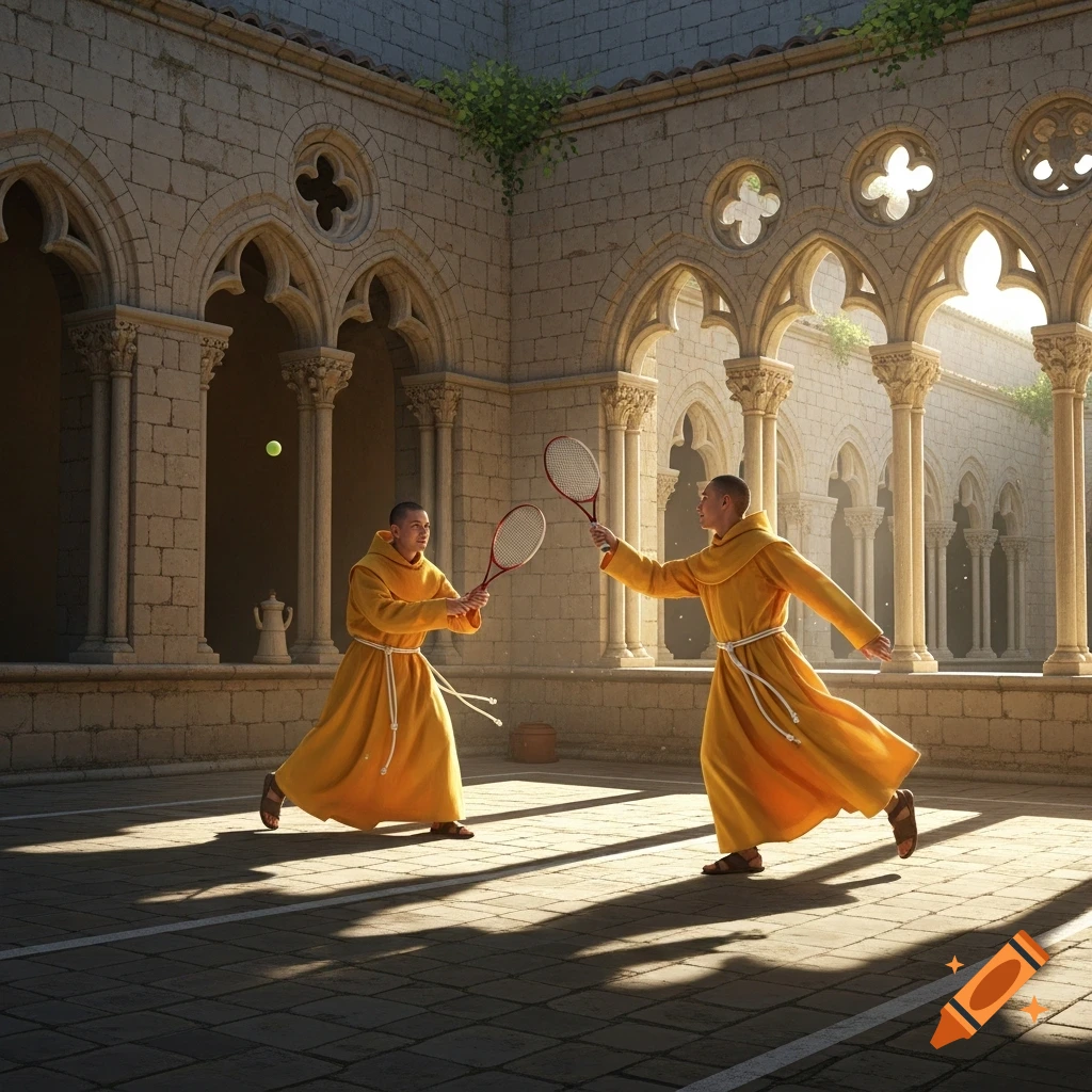 Two monks in yellow robes play tennis with rackets and a tennis ball in a sunlit stone cloister with arches and columns.