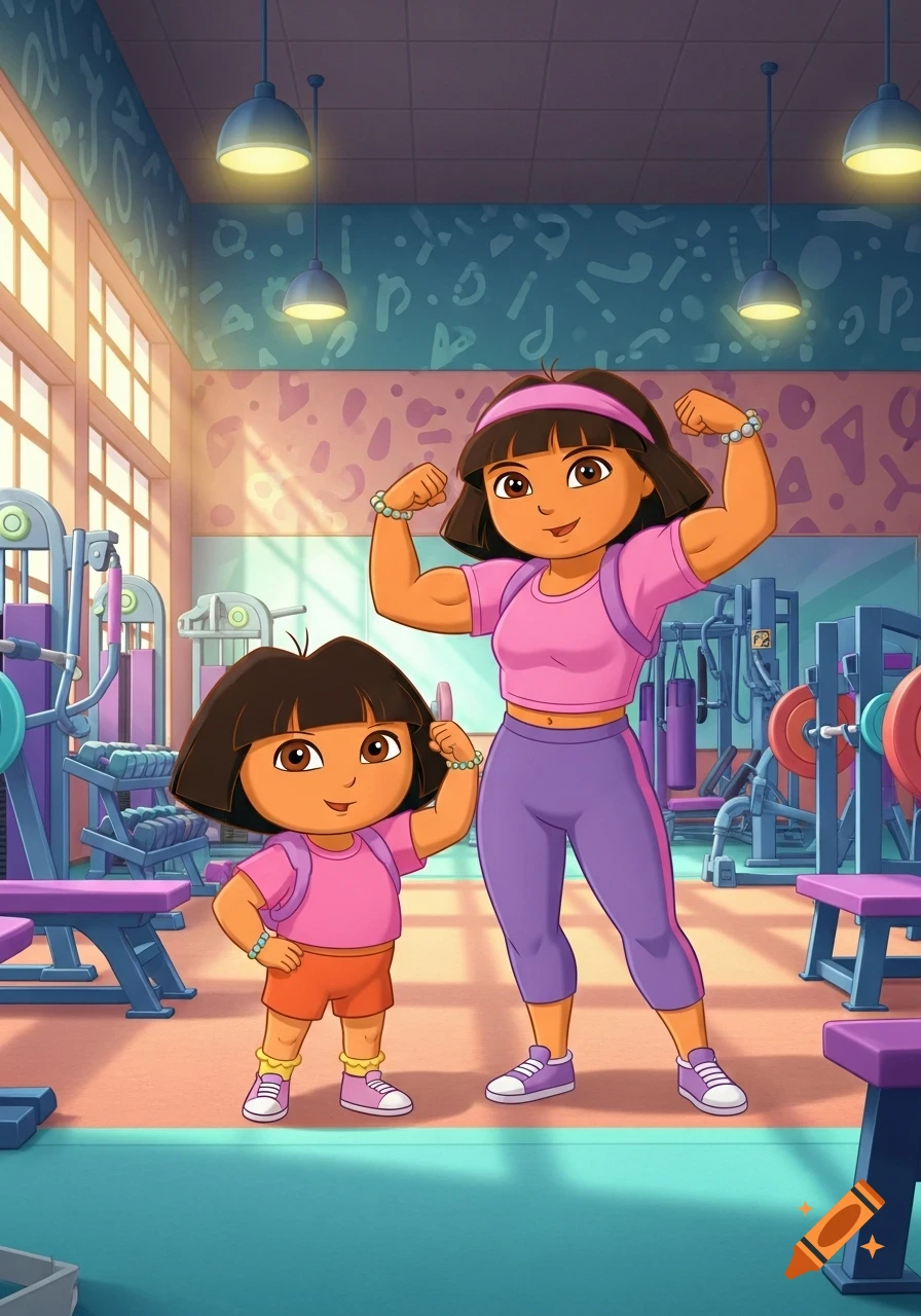 Cartoon of Dora the Explorer and her muscular mom flexing in a gym.