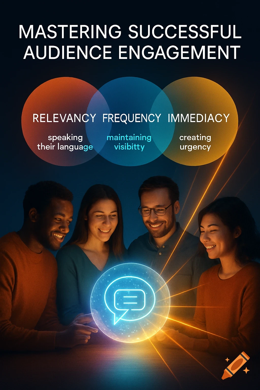 Four diverse people looking at a glowing orb with a chat bubble icon, overlaid with a Venn diagram explaining audience engagement concepts.