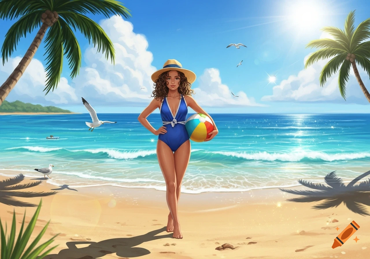 A cartoon woman in a blue swimsuit and sun hat stands on a sunny beach, holding a colorful beach ball, with palm trees and seagulls.