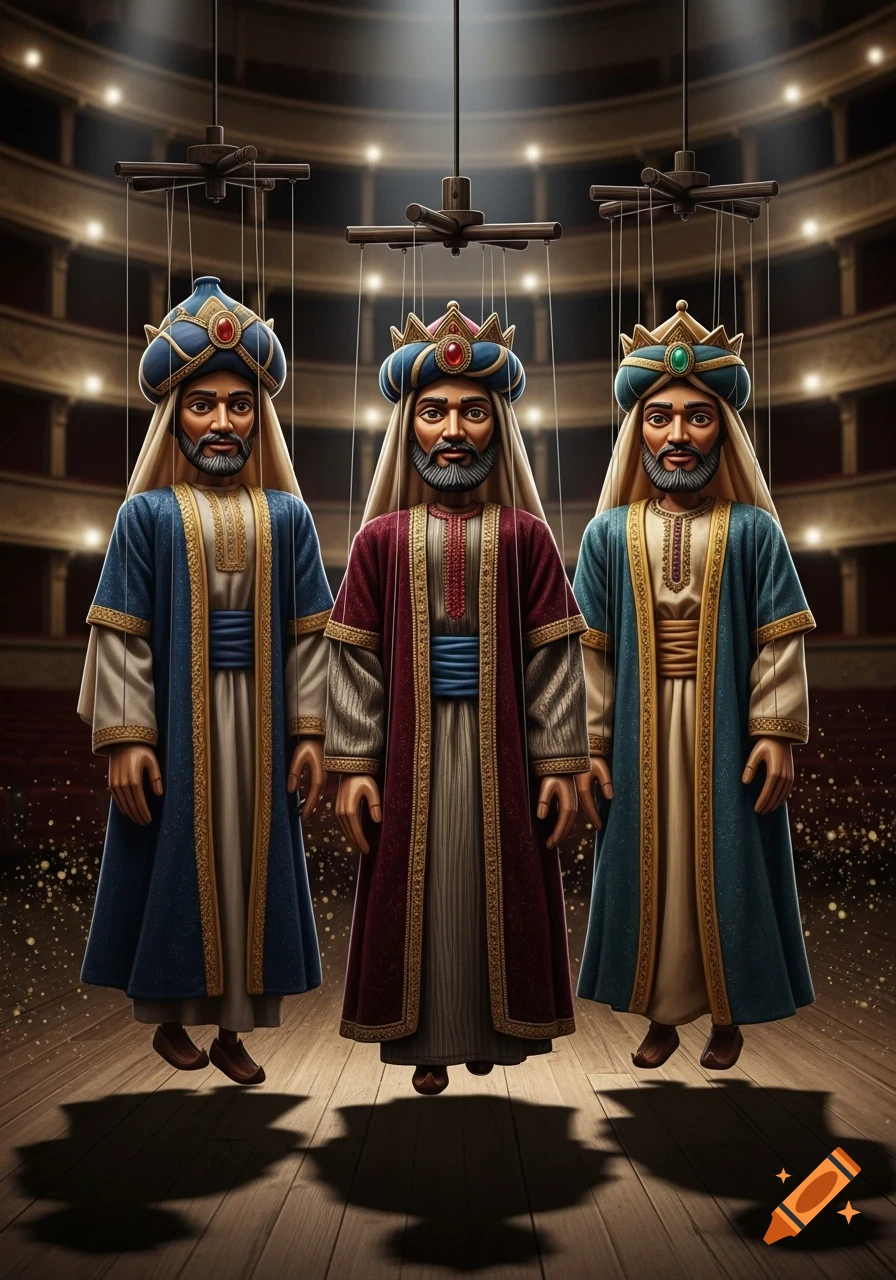 Three detailed marionettes resembling wise men stand on a wooden stage, suspended by strings, in a theater setting.