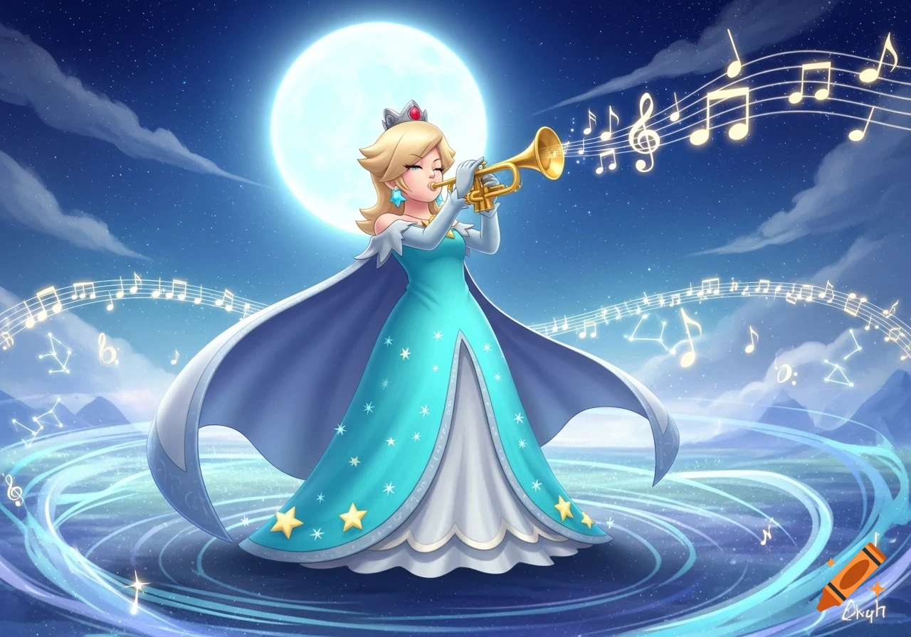Illustrated Rosalina from Super Mario playing a golden trumpet under a full moon in a starry night, surrounded by glowing musical notes and swirling water.