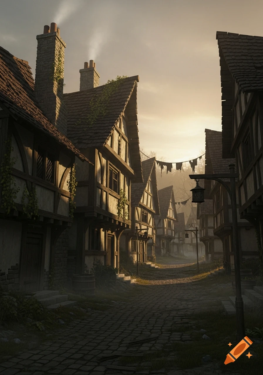 A street in an old medieval village with timber-framed houses under a hazy golden sky.