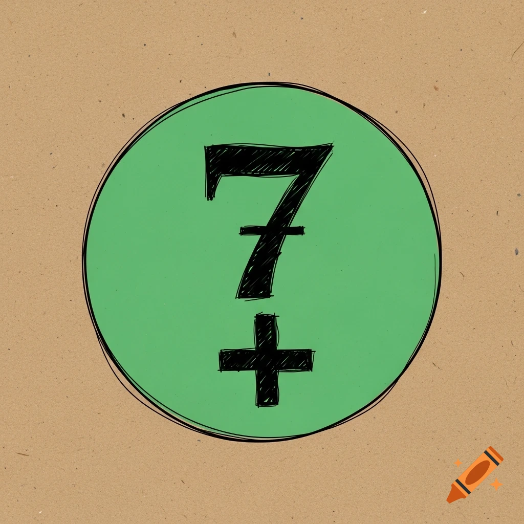A hand-drawn black number 7 and a plus sign in a green circle on a textured brown paper background, in sketch art style.