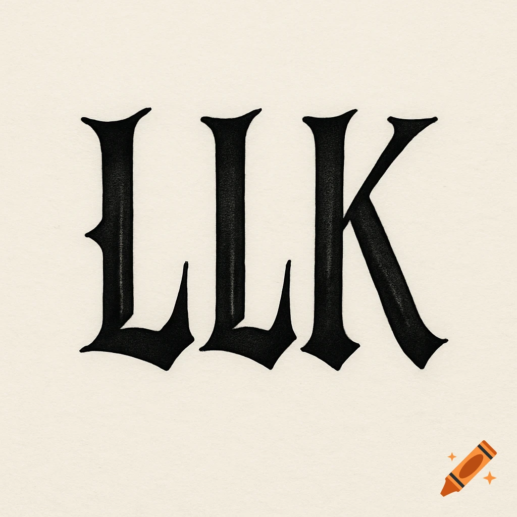Black gothic letters 'LLK' in a clean, elegant blackletter font on a light background, resembling a tattoo design.