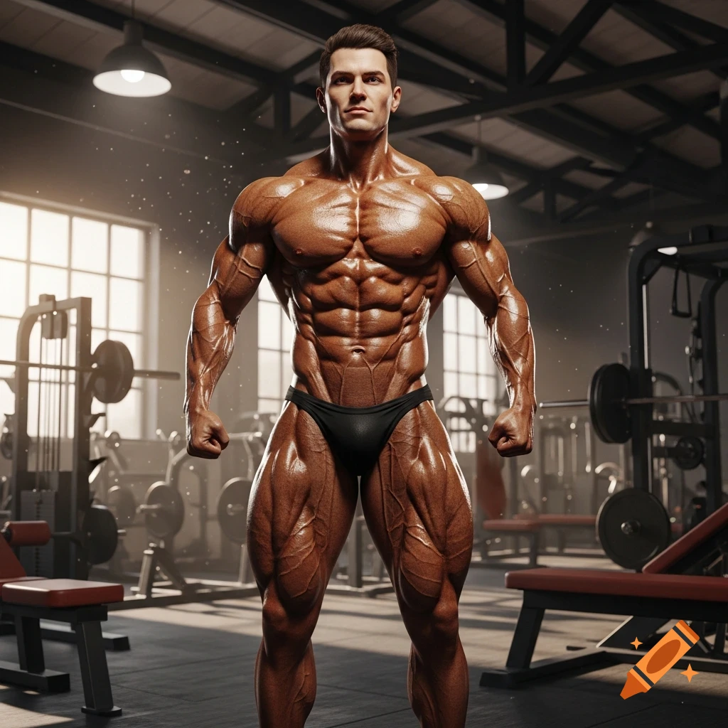 Photorealistic image of a heavily muscled male bodybuilder posing in a black brief in a gym setting.