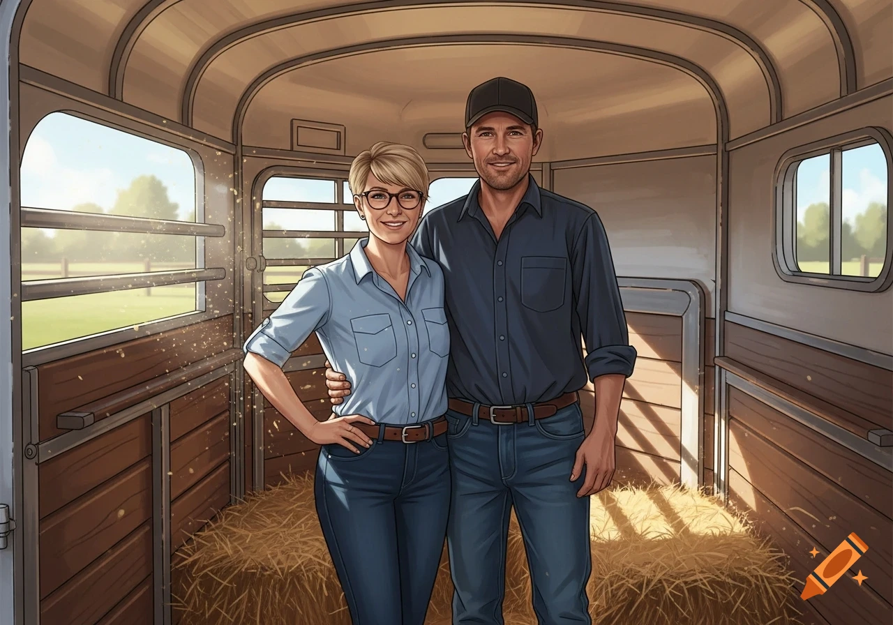 An illustration of a smiling man and woman, a couple, standing inside a pony trailer filled with hay.