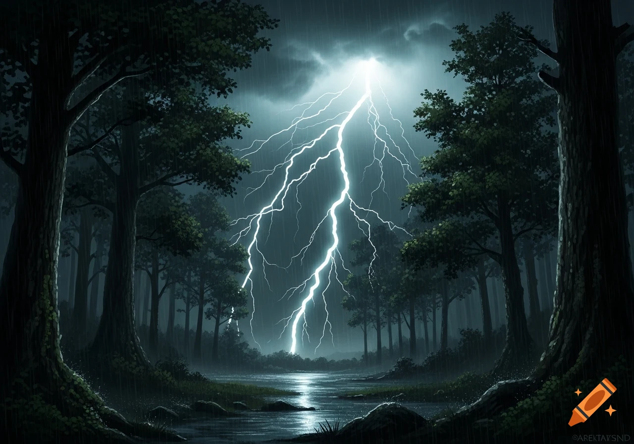 A dramatic digital painting of a dark, rainy forest with tall trees and a powerful lightning strike illuminating the sky and a river.