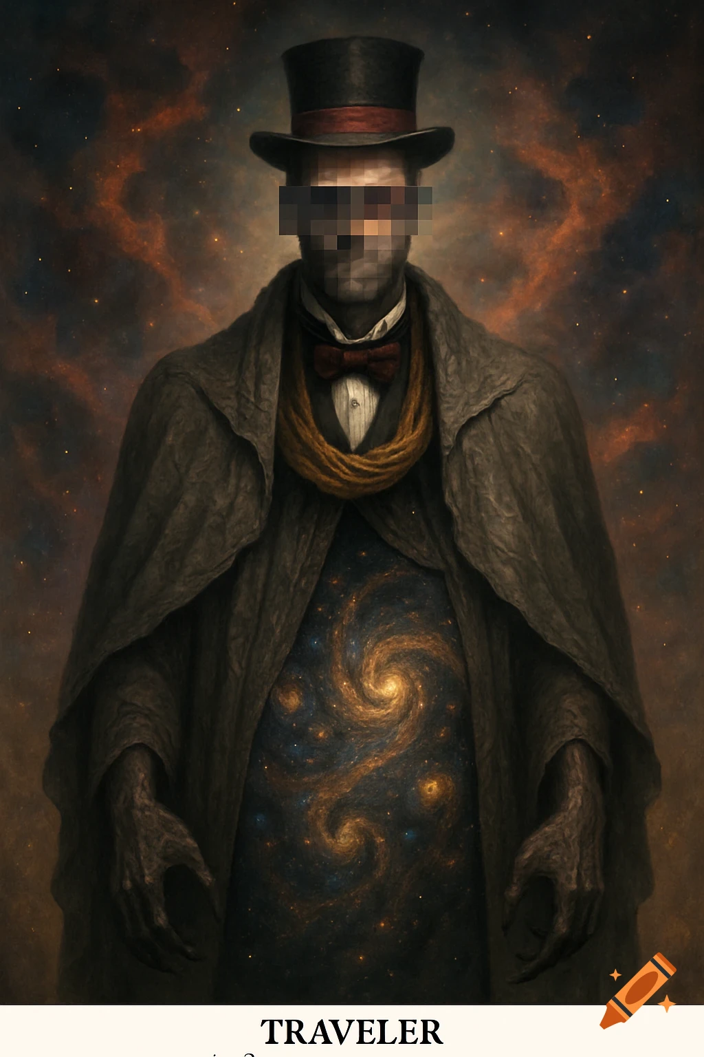 A mysterious cloaked figure in a top hat with a pixelated face and monstrous clawed hands, revealing a galaxy inside its cloak, against a cosmic background. Below, the word "TRAVELER" is displayed.