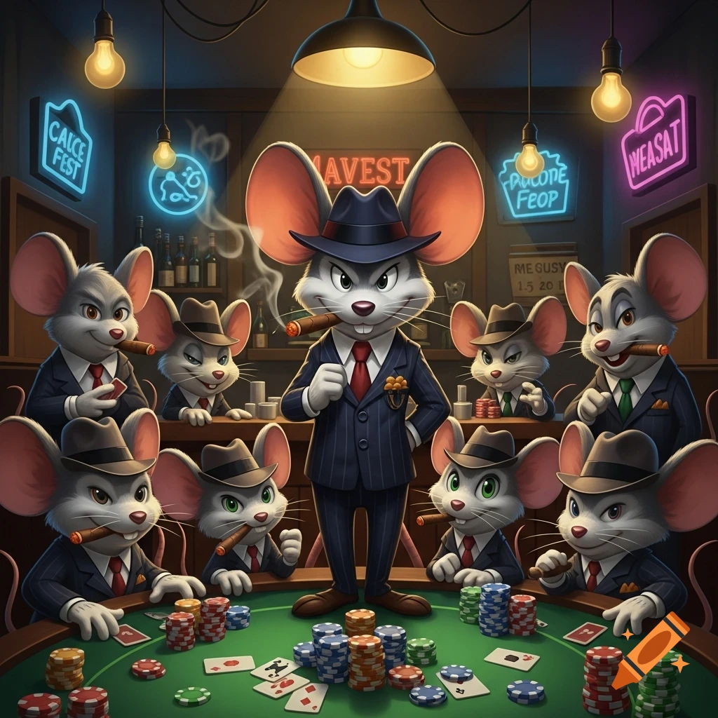 Cartoon mice in fedoras and suits play poker at a table, smoking cigars under a dim light in a room with neon signs.