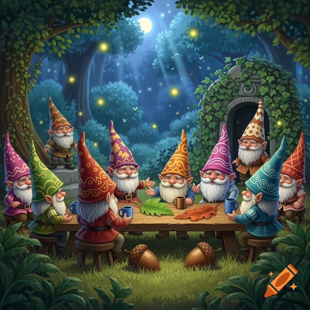 A vibrant illustration of gnomes with colorful hats at a wooden table in an enchanted forest at night, with a moon, fireflies.