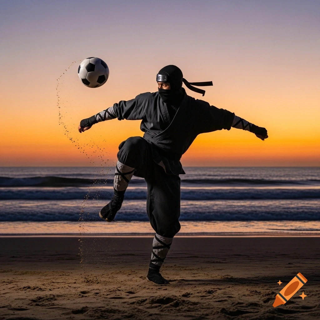 A ninja in a dark outfit kicks a soccer ball on a sandy beach at sunset, with sand flying around the ball and ocean waves in the background, in a photorealistic style.