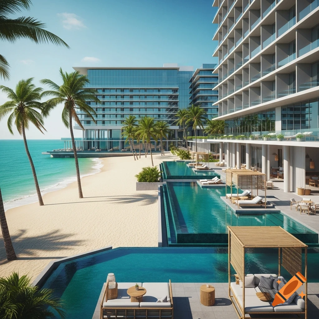Photorealistic view of a modern beachfront hotel with multiple swimming pools, palm trees, and white sand.