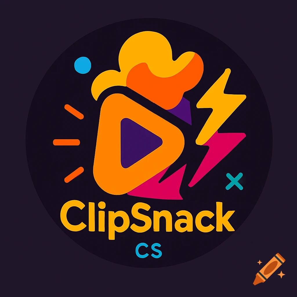 A vibrant, round logo with an orange play button, a yellow lightning bolt, and abstract shapes on a dark background, with "ClipSnack" and "CS" text.