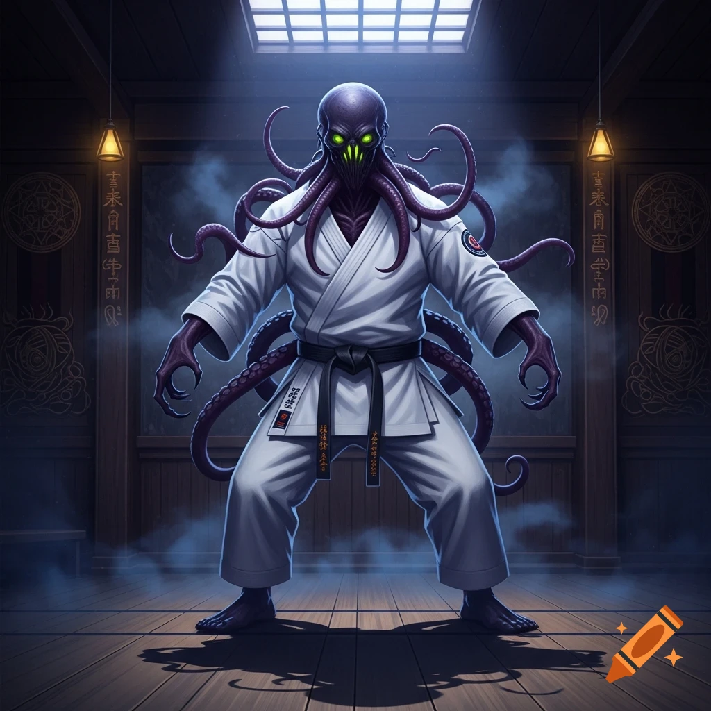 An intimidating purple-skinned eldritch abomination with glowing green eyes and numerous tentacles, wearing a white karate gi and black belt, stands in a martial arts dojo with faint smoke around its feet.