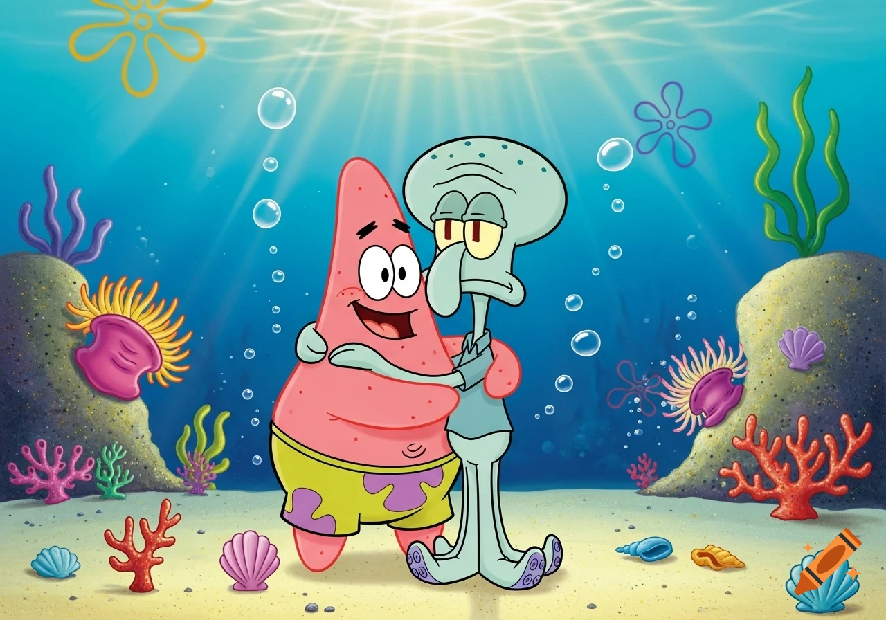 Patrick Star and Squidward Tentacles from Spongebob Squarepants embrace underwater amidst coral and shells.