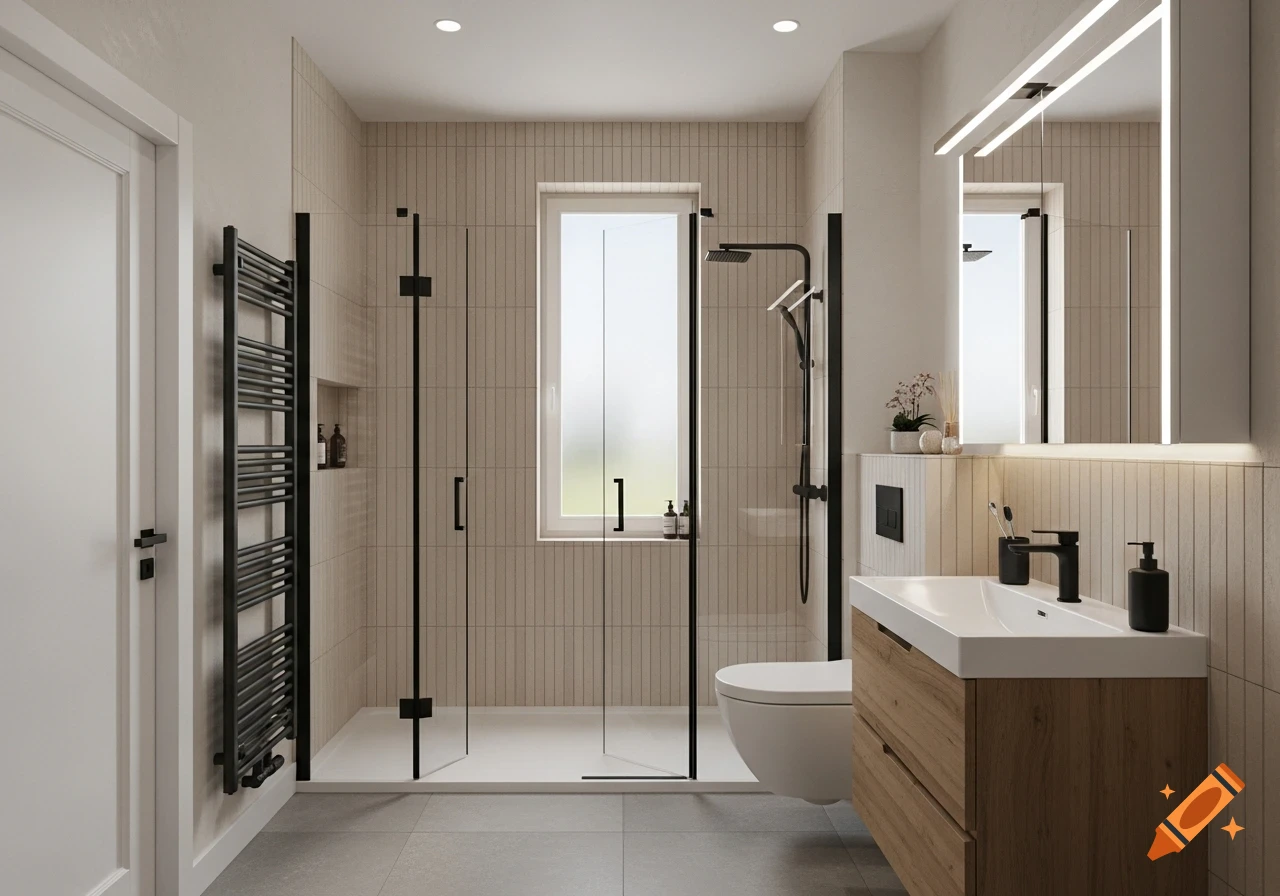 A modern bathroom features light vertical tiles, a black-framed glass shower, a white toilet, and a wooden vanity with a white sink and black faucet.