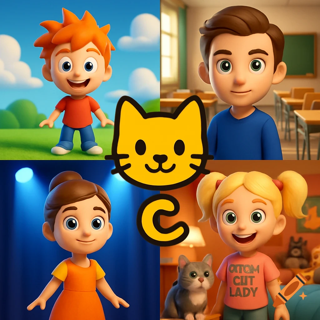 A four-panel collage of 3D cartoon avatars: a boy on grass, a man in a classroom, a girl on a stage, and a girl with a cat in a bedroom, with a yellow cat logo overlay.