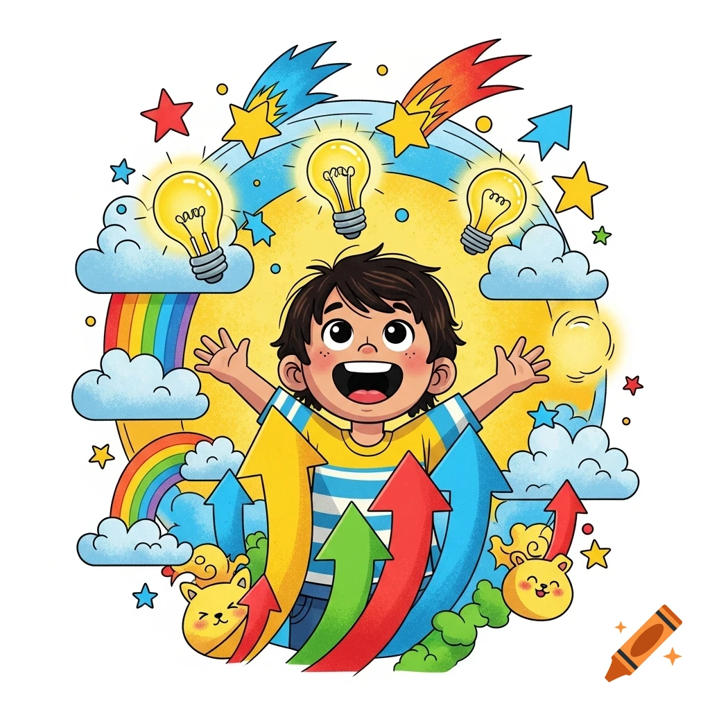 Smiling cartoon child surrounded by light bulbs, rainbows, upward arrows, and stars, symbolizing ideas and progress in a vibrant clipart style.