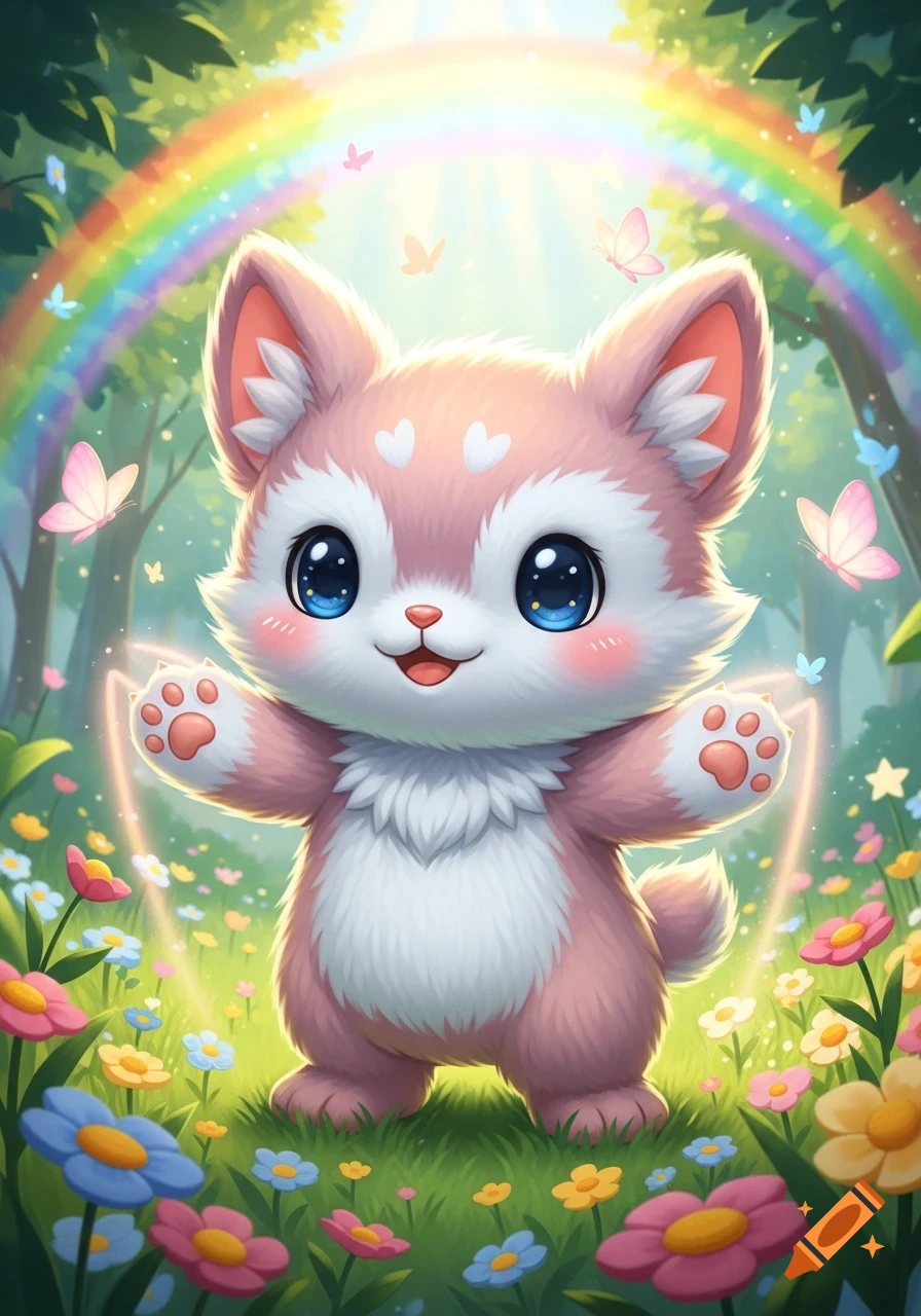 A fluffy pink and white critter with big blue eyes smiles, standing in a vibrant meadow of colorful flowers under a bright rainbow with butterflies, in a cute cartoon style.