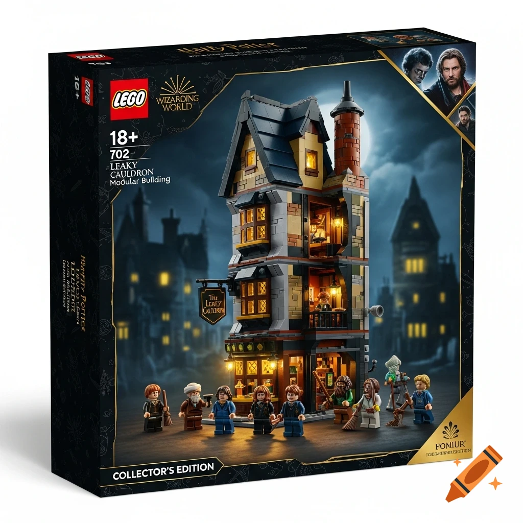 A premium matte black LEGO Harry Potter 18+ Collector's Edition box for The Leaky Cauldron, featuring the detailed modular building and minifigures.