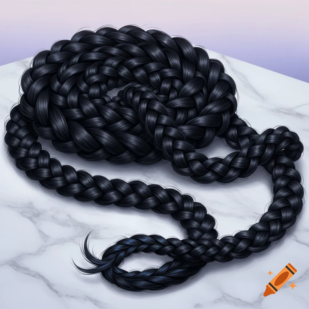 A thick black hair braid is coiled on a white marble surface, set against a blurred purple background.