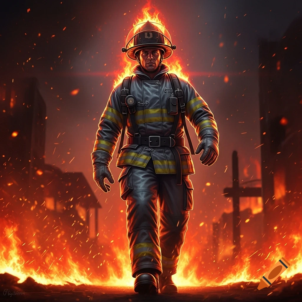 A determined firefighter in full gear walks through a fiery, smoke-filled, burning cityscape with embers falling.