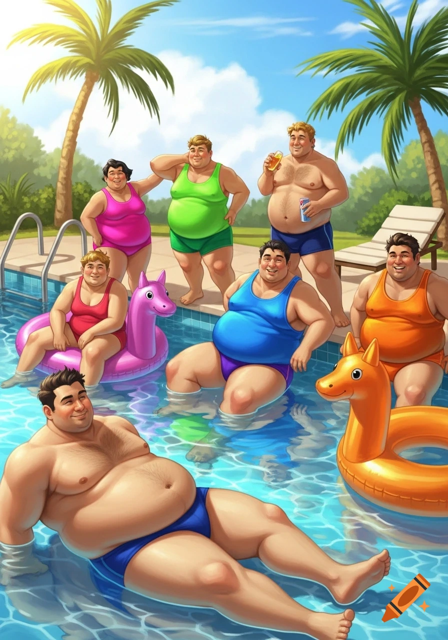 Cartoon illustration of smiling chubby people, mostly men in speedos, enjoying a vibrant pool party under palm trees with inflatable toys.