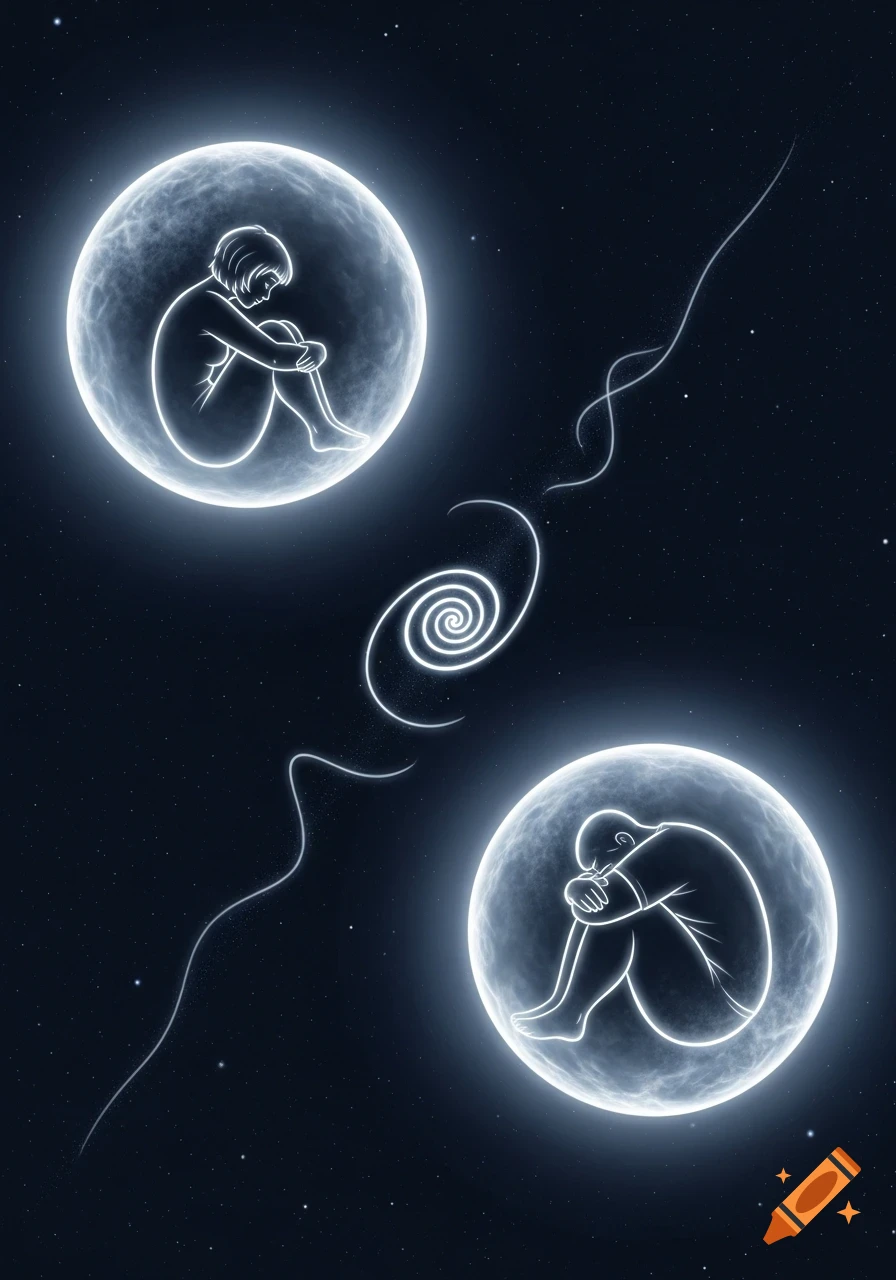 Two glowing energy spheres in deep space, each containing a fetal-positioned figure, connected by a delicate, spiraling line of light.