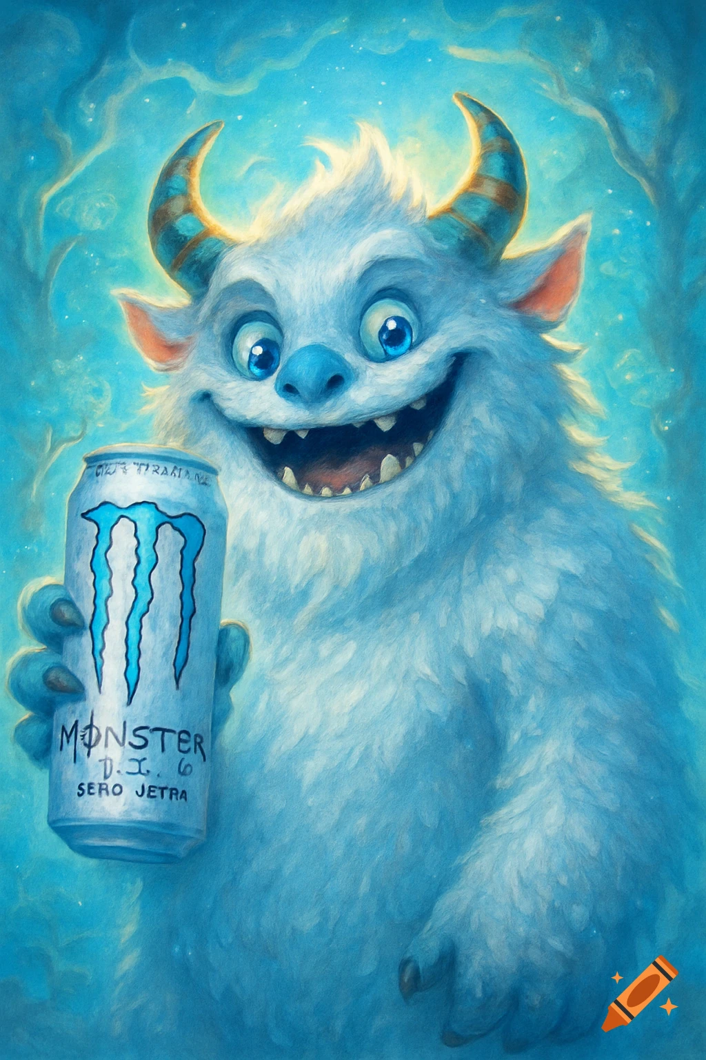 A happy, furry blue monster with horns smiles, holding a Monster Energy drink can in a painted illustration style.