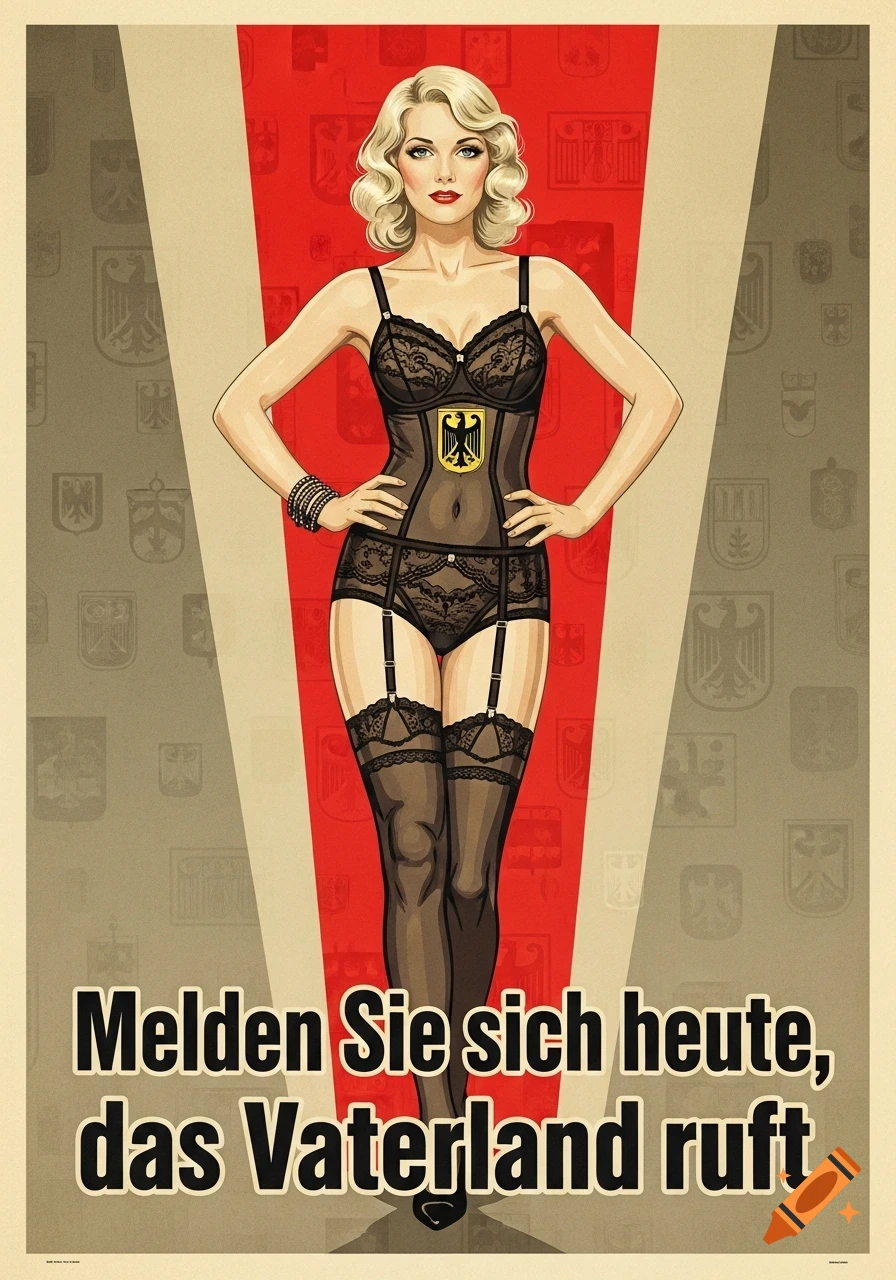 A retro-style propaganda poster features a blonde woman in black lingerie with a German eagle emblem, standing with hands on hips, above German text.