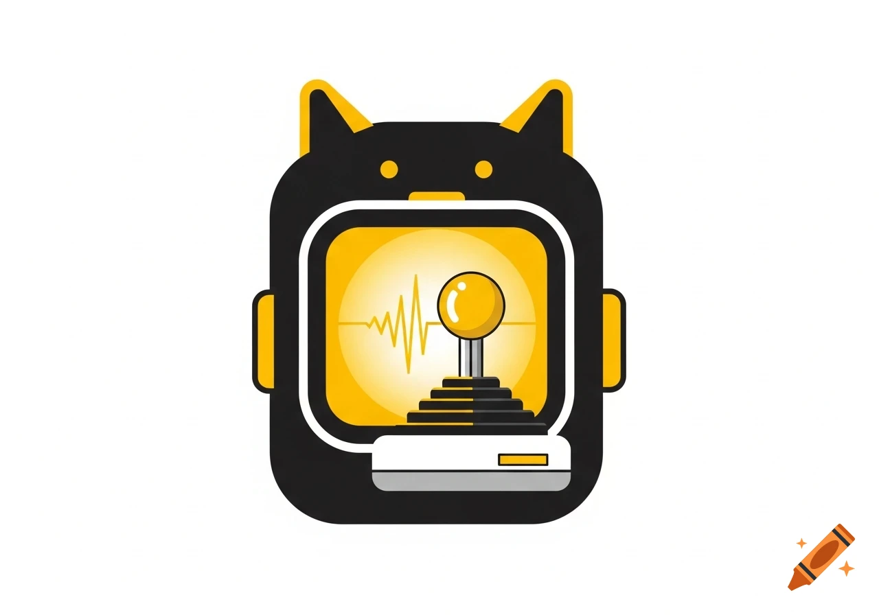 A black and yellow vector illustration of a cat-eared robot mascot with a glowing screen displaying a joystick and waveform.