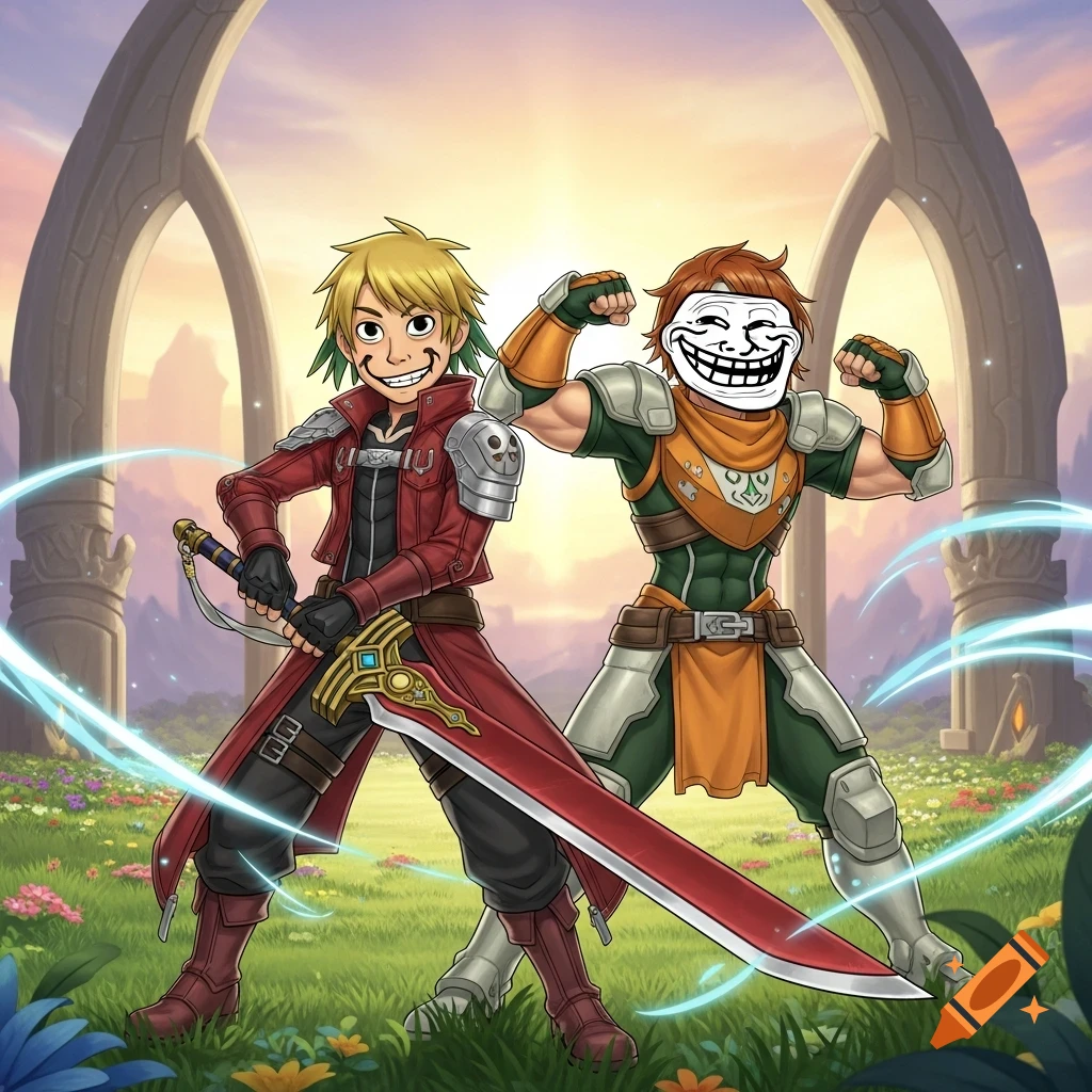 Two anime-style fantasy characters stand in a field with ancient arches; one has a 'gigachad' face and a sword, the other has a 'trollface' and is flexing.