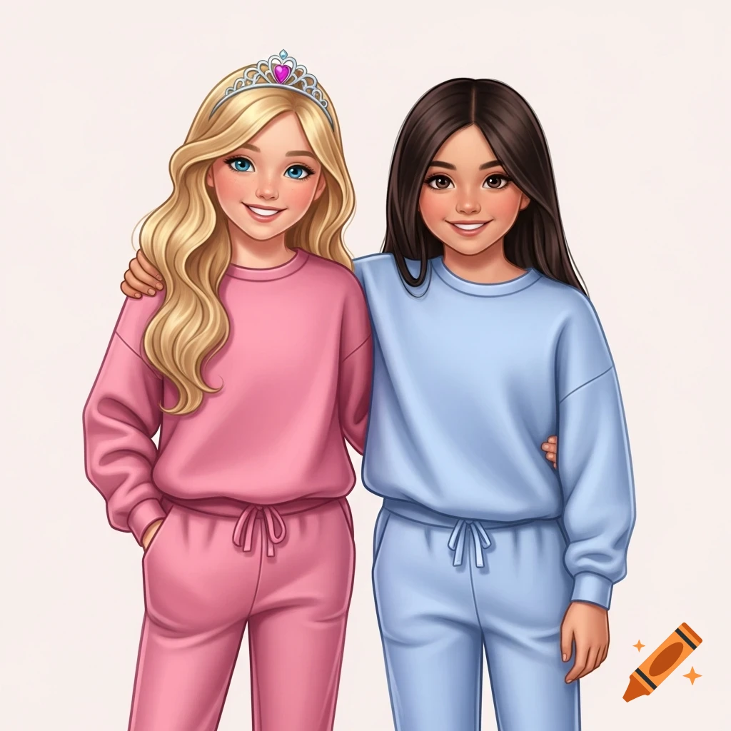 Two smiling cartoon girls, one blonde with a tiara in pink sweats, the other brunette in blue sweats, hugging.