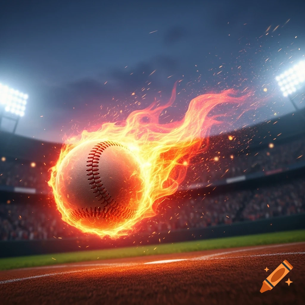 A flaming baseball flies over a baseball field inside a stadium at dusk with bright lights.