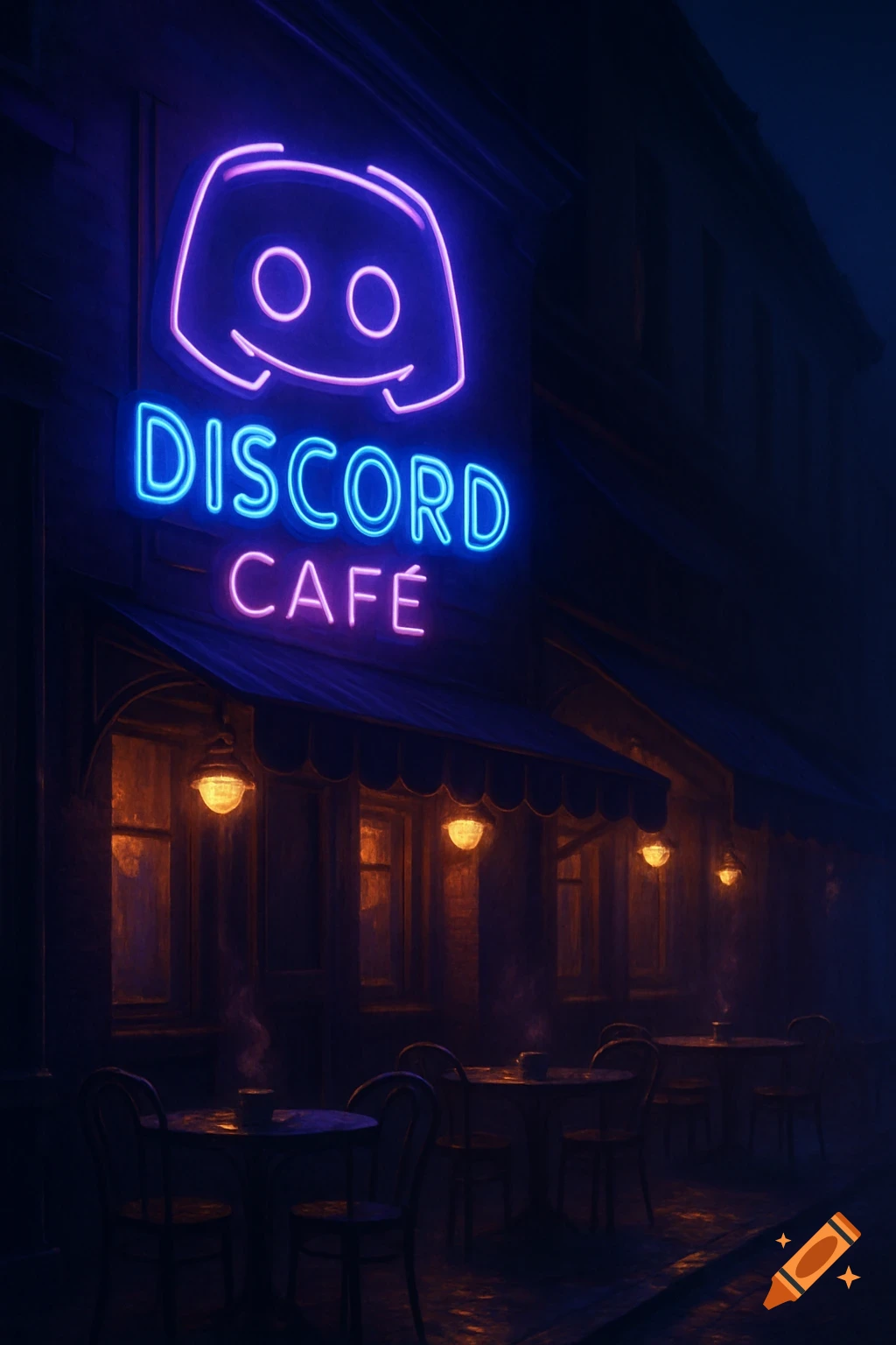 A neon-lit Discord Cafe sign glows brightly at night, illuminating a street with outdoor seating.
